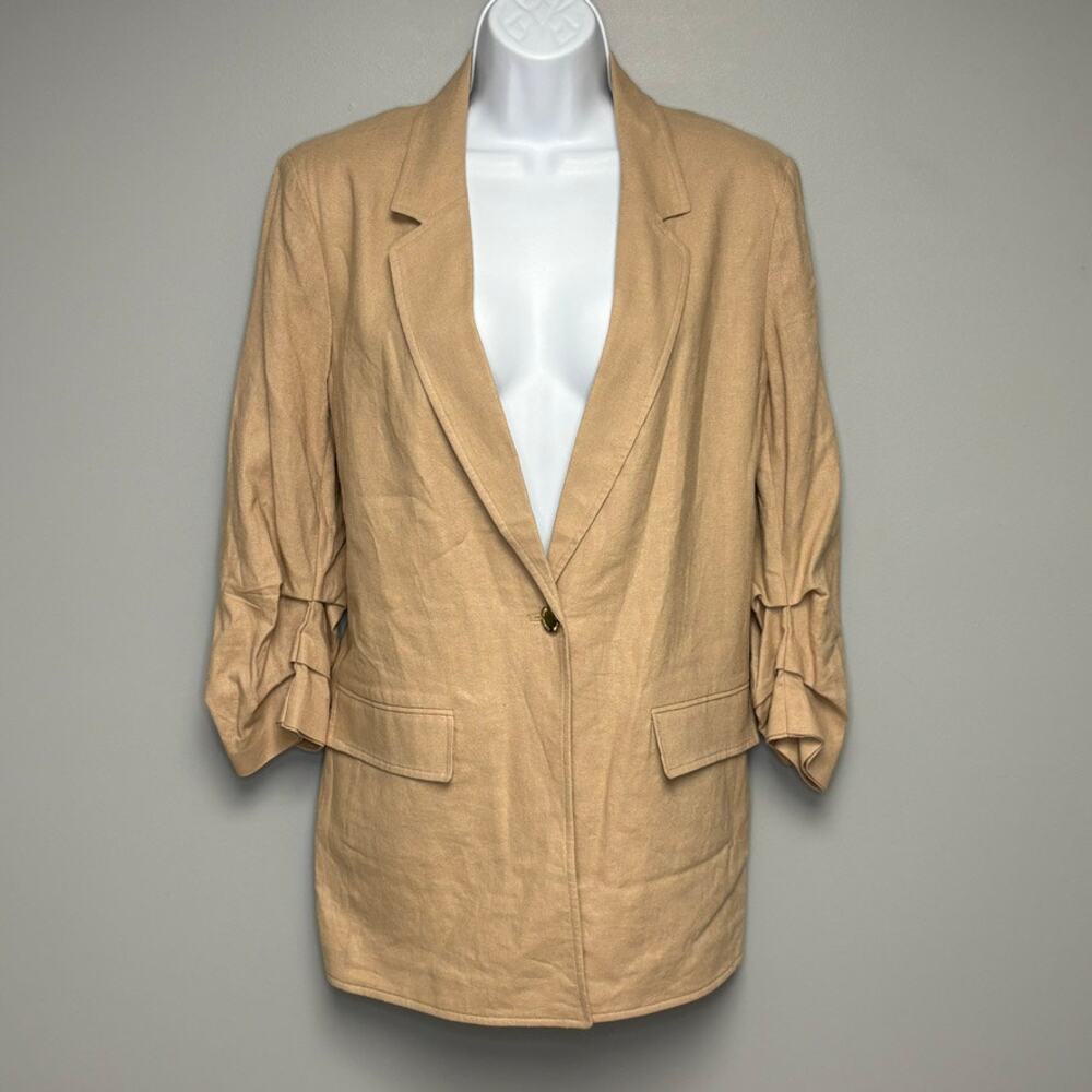 NWT Anne Klein Tan Neutral Minimalist Linen Blend Resortwear Blazer Womens Lβ